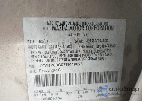 2007 Mazda Mazda6 I Sport Ve z USA, uszkodzony, nr VIN 1YVHP80C075M48625